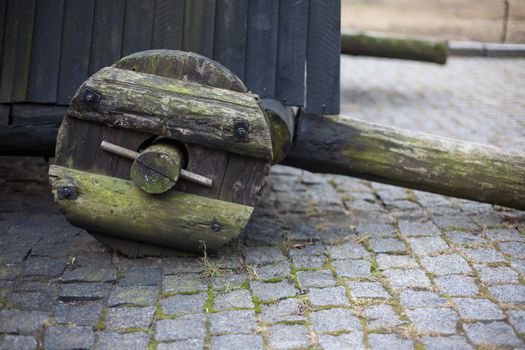 Military wooden props with wheels in the old castle