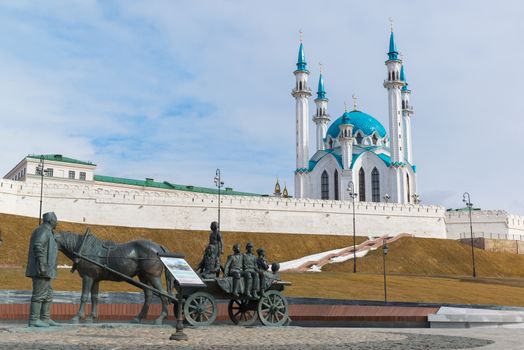 Kazan, Russia - March 28.2017. Monument to the benefactor against the backdrop of the Kazan Kremlin. Russia, the Republic of Tatarstan