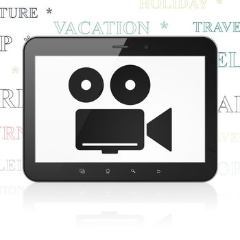Travel concept: Tablet Computer with  black Camera icon on display,  Tag Cloud background, 3D rendering