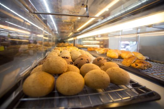 baked products on shelves at a supermarket