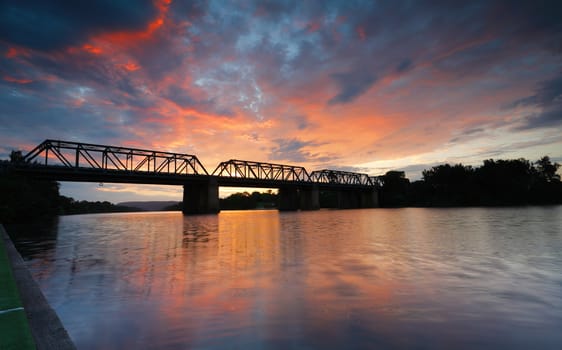 Spectacular sunset from Victoria Bridge on the shores of the Nepean River Penrith