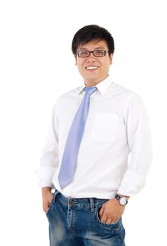 Mature Indonesian businessman smiling, isolated white background