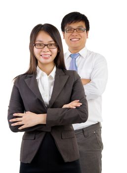 young smiling businessman and businesswoman