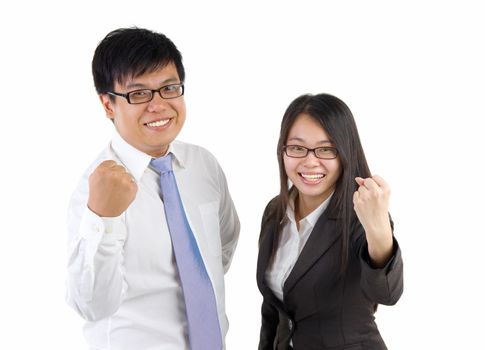 happy business man and woman standing in office
