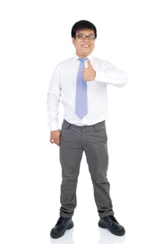 Thumbs up indonesian businessman giving thumbs up over white background