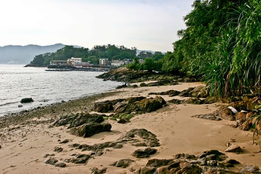 Beach with grass and houses