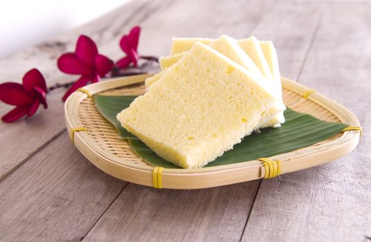 traditional asian steam egg cakes display on banana leaf 