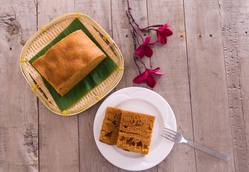 Ma Lai Gou-Traditional malaysia steamed cake on plate and banana leaf.