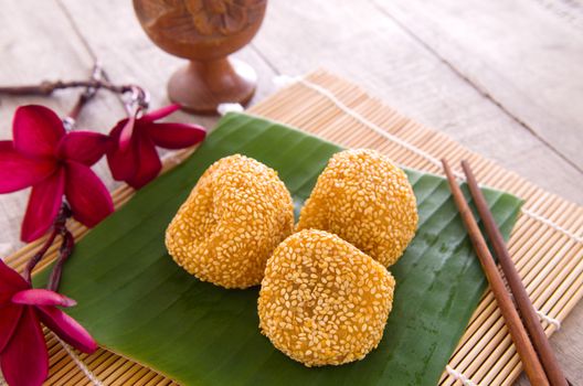 Malaysia desert ,Onde-Onde or known as Chinese Sesame Ball on banana leaf.