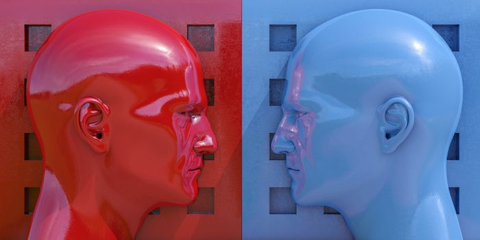 Schematic Image of Confrontation: Two Man Arguing and Threatening, Two Businessman Fighting, Debate Opponents, Conflict Management, Two Opposite Forces Clashing, Confrontation Concept