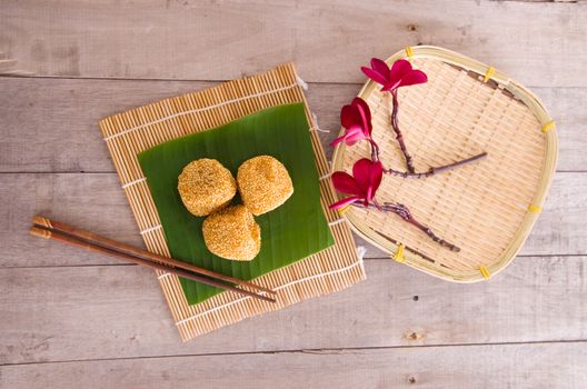 Malaysia desert ,Onde-Onde or known as Chinese Sesame Ball on banana leaf.