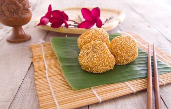 Malaysia desert ,Onde-Onde or known as Chinese Sesame Ball on banana leaf.