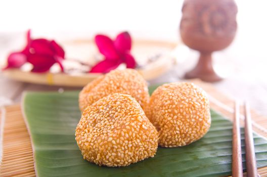 Malaysia desert ,Onde-Onde or known as Chinese Sesame Ball on banana leaf.