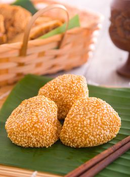 Malaysia desert ,Onde-Onde or known as Chinese Sesame Ball on banana leaf.Ma Lai Gou-Traditional malaysia steamed cake.