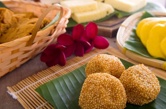 Ma Lai Gou-Traditional malaysia steamed cake.Malaysia desert ,Onde-Onde or known as Chinese Sesame Ball on banana leaf. Steam chinese cake on bamboo plate. Chinese egg cake on banana leaf.