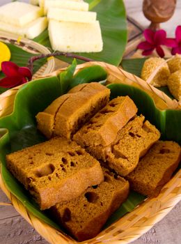 Ma Lai Gou-Traditional malaysia steamed cake.Malaysia desert ,Onde-Onde or known as Chinese Sesame Ball on banana leaf. Steam chinese cake on bamboo plate. Chinese egg cake on banana leaf.