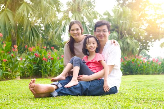 Portrait of joyful happy Asian family at outdoor park during summer sunset.