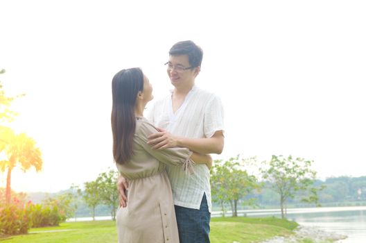 romance couple in love at outdoor park.