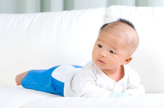 crawling beautiful baby boy on sofa