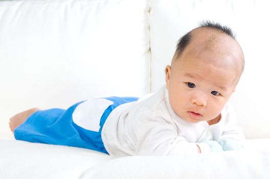 crawling beautiful baby boy on sofa