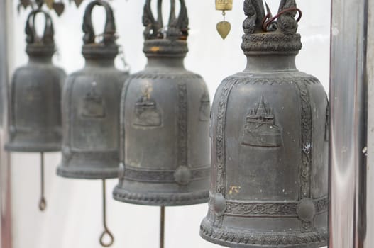 Close up bells of temple Golden Mountain in Bangkok Thailand.