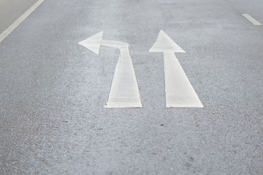 Go straight or turn left traffic sign painted on paved road.