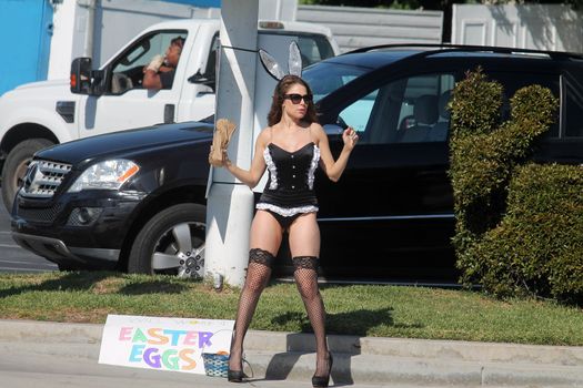 Erika Jordan the "Playboy TV Host" is spotted shooting a Sexy Easter Bunny skit in Los Angeles, CA 04-11-17