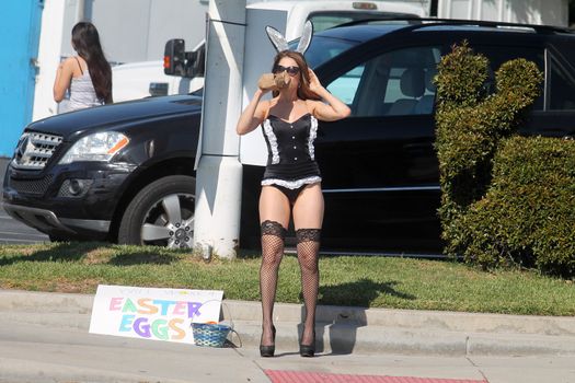 Erika Jordan the "Playboy TV Host" is spotted shooting a Sexy Easter Bunny skit in Los Angeles, CA 04-11-17