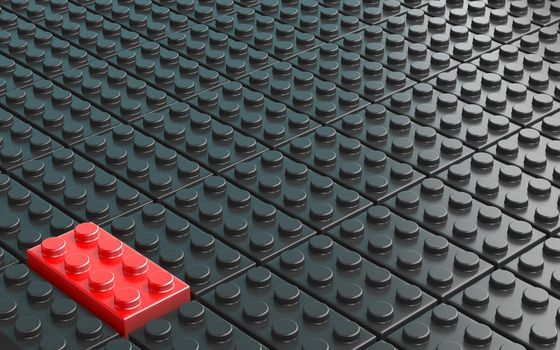 One red plastic brick toy on background made of black plastic bricks 3D render illustration