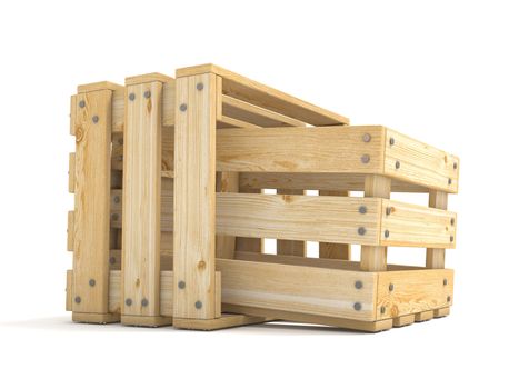 Two empty wooden crate Side view 3D render illustration isolated on white background