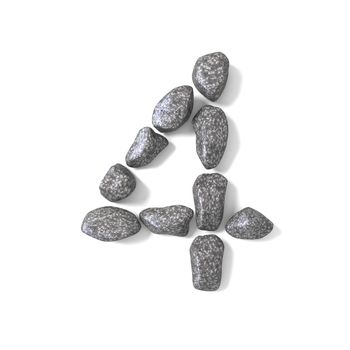 Font made of rocks NUMBER four 4 3D render illustration isolated on white background