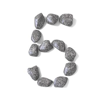 Font made of rocks NUMBER five 5 3D render illustration isolated on white background