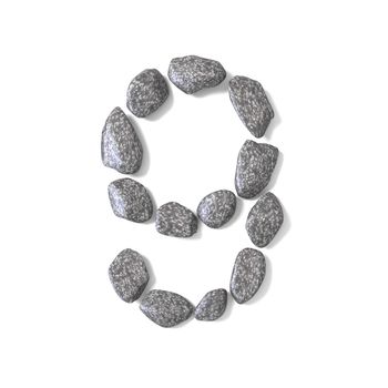 Font made of rocks NUMBER nine 9 3D render illustration isolated on white background