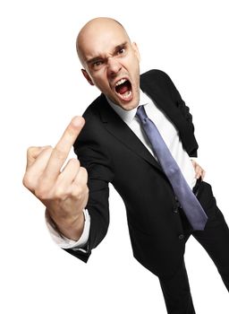 Angry young businessman shows middle finger. Studio shot isolated on white background. 