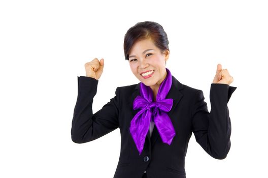 happy Middle Aged  business woman with success gesture over white background