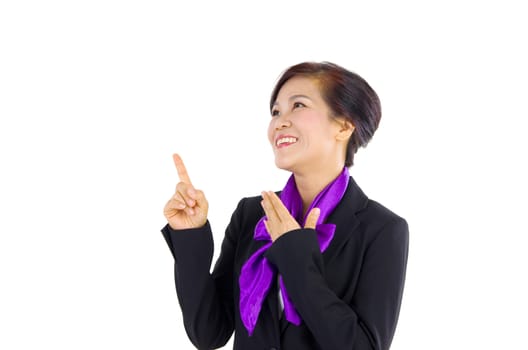 Beautiful Middle Aged asian businesswoman pointing something