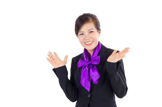 smiling middle-age business woman with showing gesture