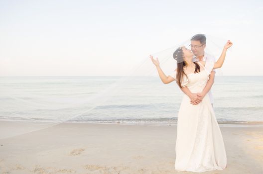 Asian bride and groom on a tropical beach. Wedding and honeymoon concept.