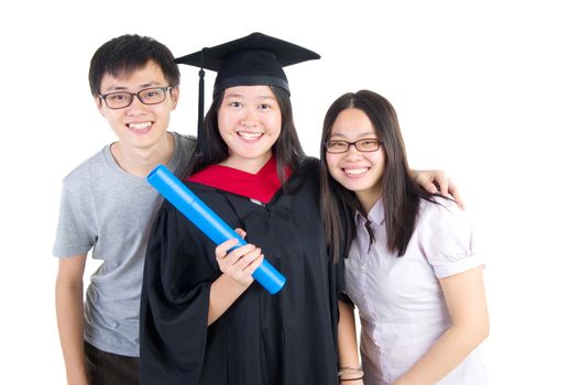 Asian university student and family celebrating graduation