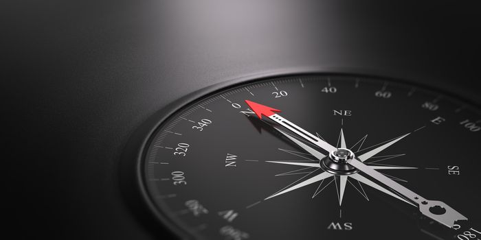 3D illustration of a compass over black background with needle pointing the north direction, free space on the left side of the image. Business orientation concept. 