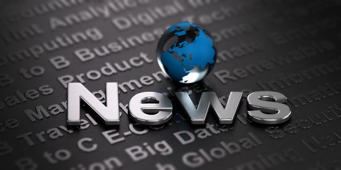 3D illustration of a globe and the word news over black background. Business. International media concept.