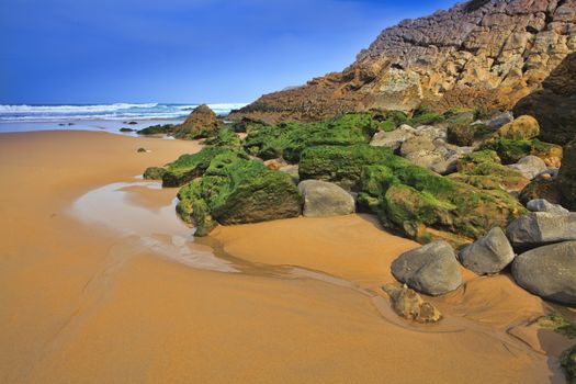 Green stones on the seashore