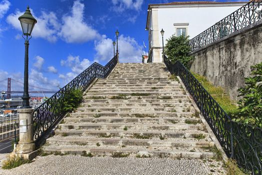 Old stairs in Lisbon  , antique monument in the city, tourism in Portugal