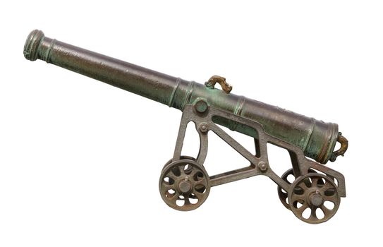 Isolated Vintage Portugese Cannon With Wheels And White Background