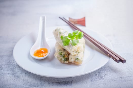 Spring Rolls with Sauce on a plate. Asian food