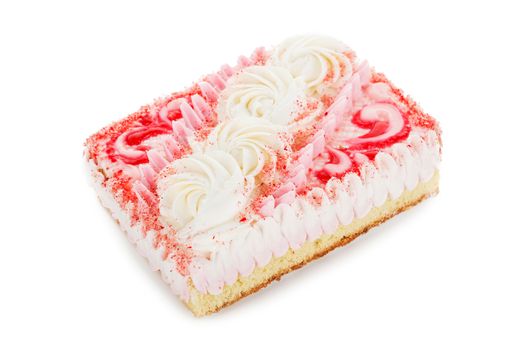 pink biscuit cake decorated with cream flowers isolated on white background