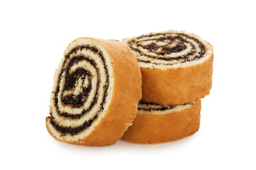 Slices of sweet roll cake with poppy seeds isolated on white background