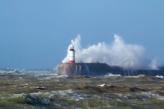 Newhaven Lighthouse in East Sussex, England, during Storm Doris in February 2017