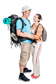 Active loving tourists in a hike, photo on a white background