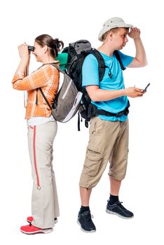 Lost walking tourists look in different directions on a white background